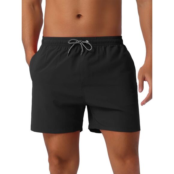 Drawstring Waist Side Pockets Mesh Lining Beach Swim Trunks Black - Picture 1 of 6